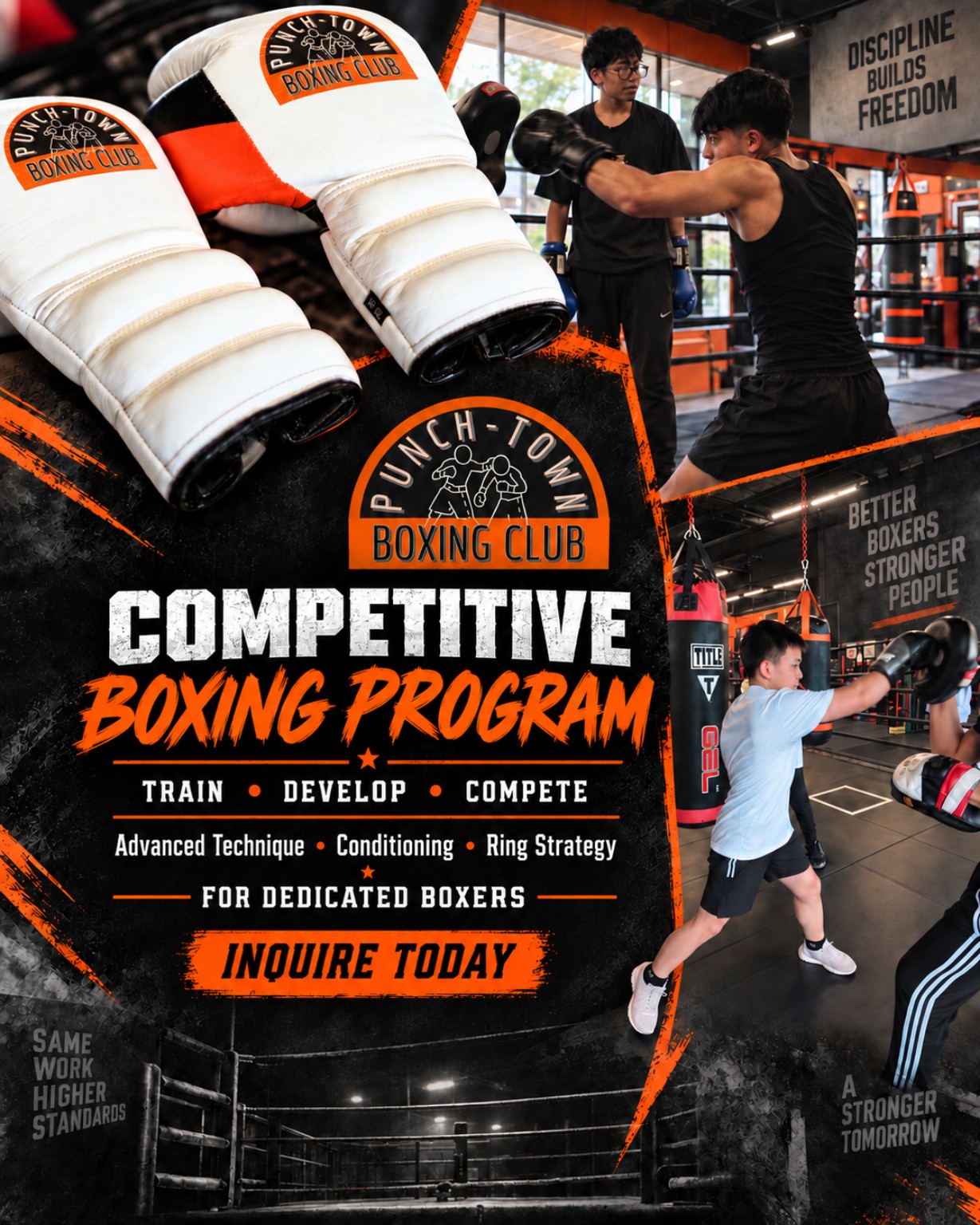 PunchTown Boxing Club Competitive Boxing Program poster: boxers train in the ring and on the bags — train, develop, compete. Advanced technique, conditioning, and ring strategy for dedicated boxers.