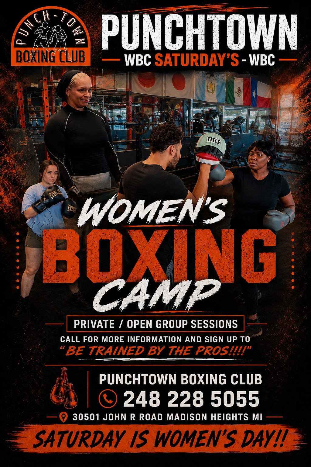 PunchTown Boxing Club Women's Boxing Camp poster featuring women training with coaches during Saturday private and open group boxing sessions