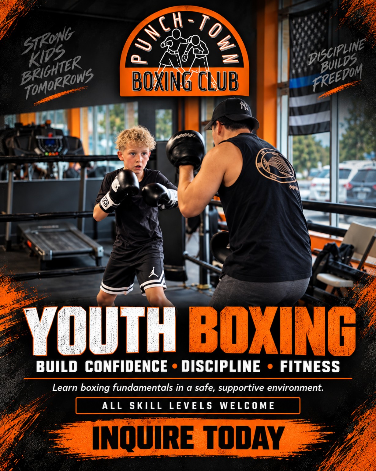 PunchTown Boxing Club Youth Boxing poster: a young boxer works mitts with a coach — build confidence, discipline, and fitness. All skill levels welcome.