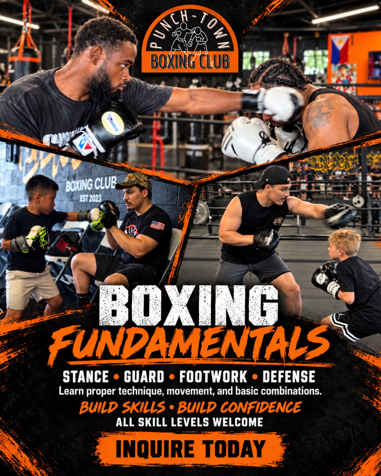 PunchTown Boxing Club Boxing Fundamentals poster: coaches work stance, guard, footwork, and defense with boxers of all ages — build skills, build confidence. All skill levels welcome.