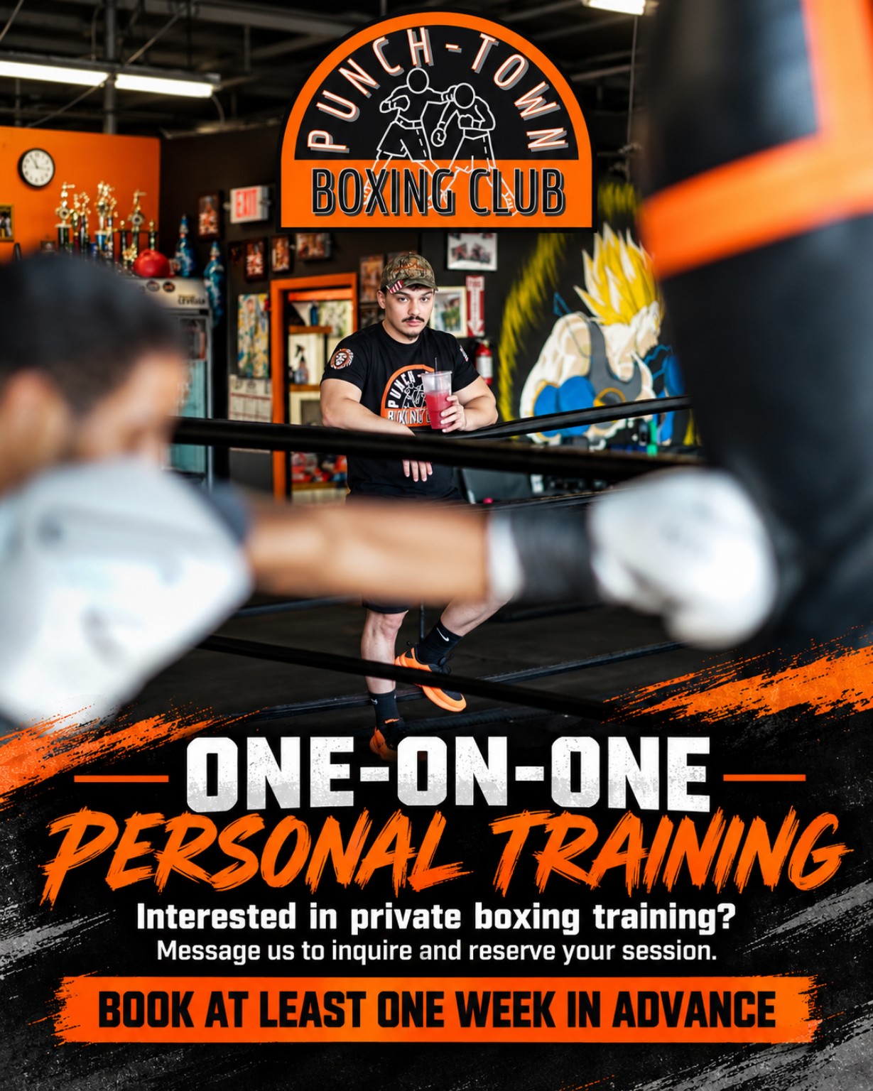 PunchTown Boxing Club One-on-One Personal Training poster: a coach leans on the ring ropes between heavy bags — interested in private boxing training? Message us to inquire and reserve your session. Book at least one week in advance.